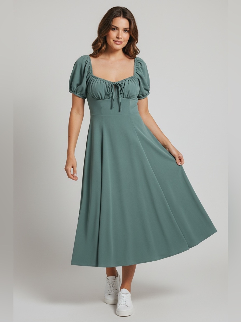 Forever 21  Sage Puff-Sleeve Midi Dress Cottagecore Feminine Size Large NWT